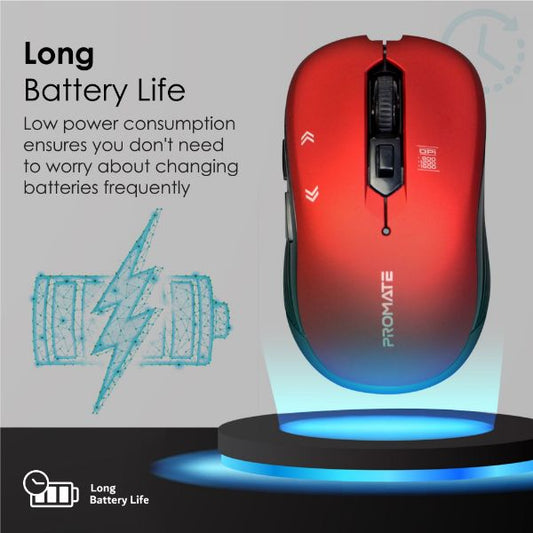 PROMATE Ergonomic Optical Tracking Wireless Mouse with Quick Forward/Back Buttons, 10m Working Rnage, Plug & Play. Red