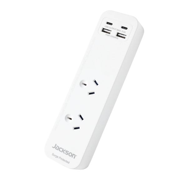 2 Way Surge Protected Powerboard 2x USB-A/C Fast Charge Ports