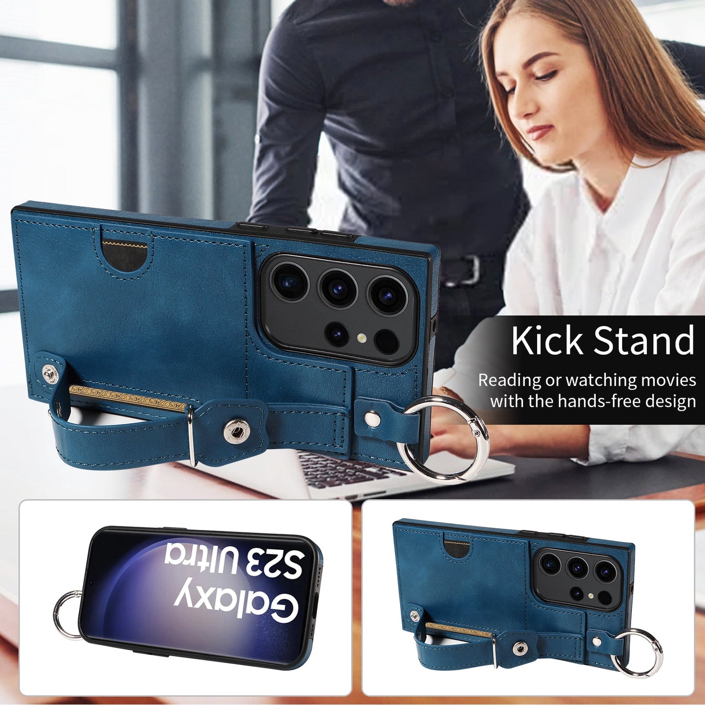 Samsung Galaxy S23 Ultra Hand Strap PU Card Case Navy