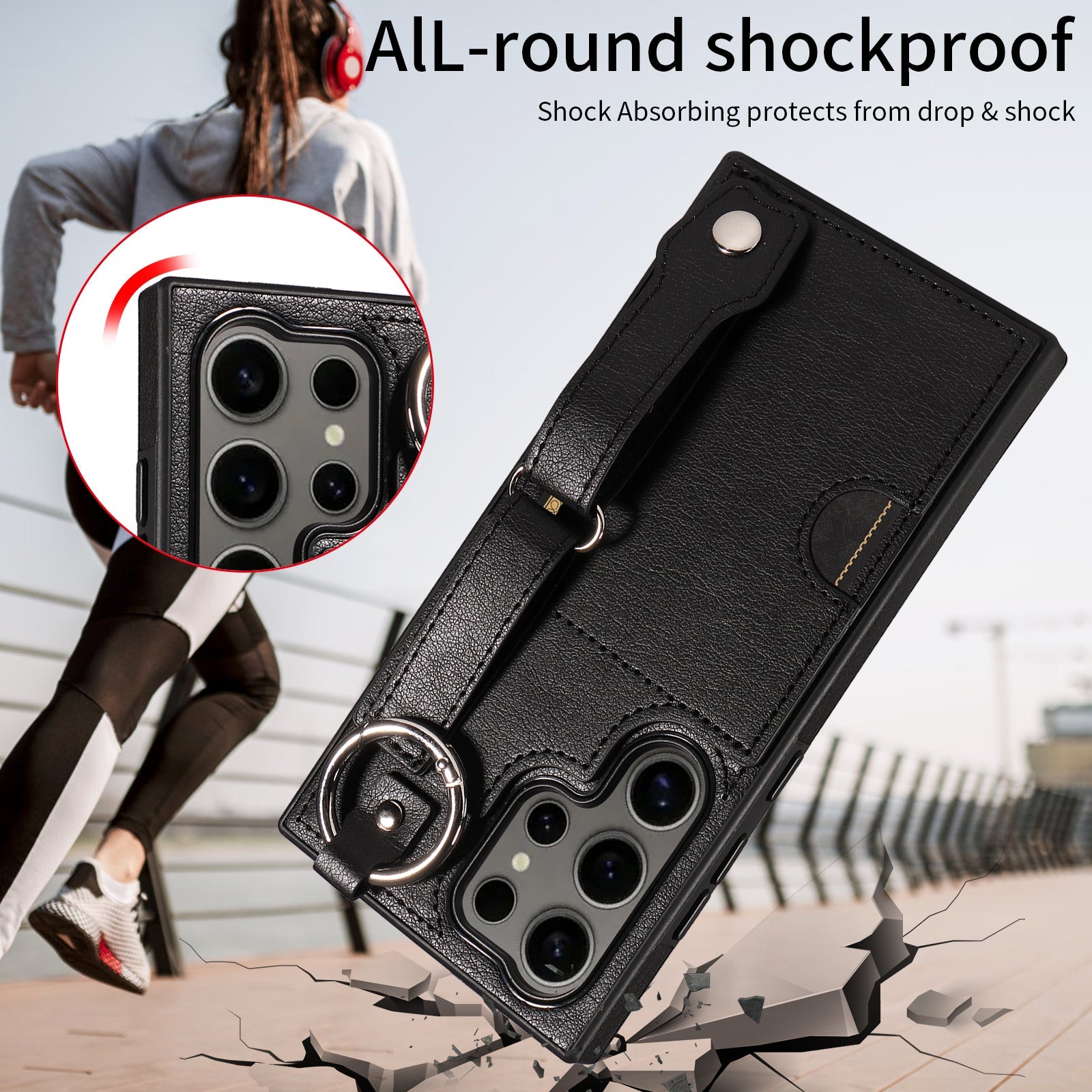 Samsung Galaxy S24 Ultra Hand Strap PU Card Case Black