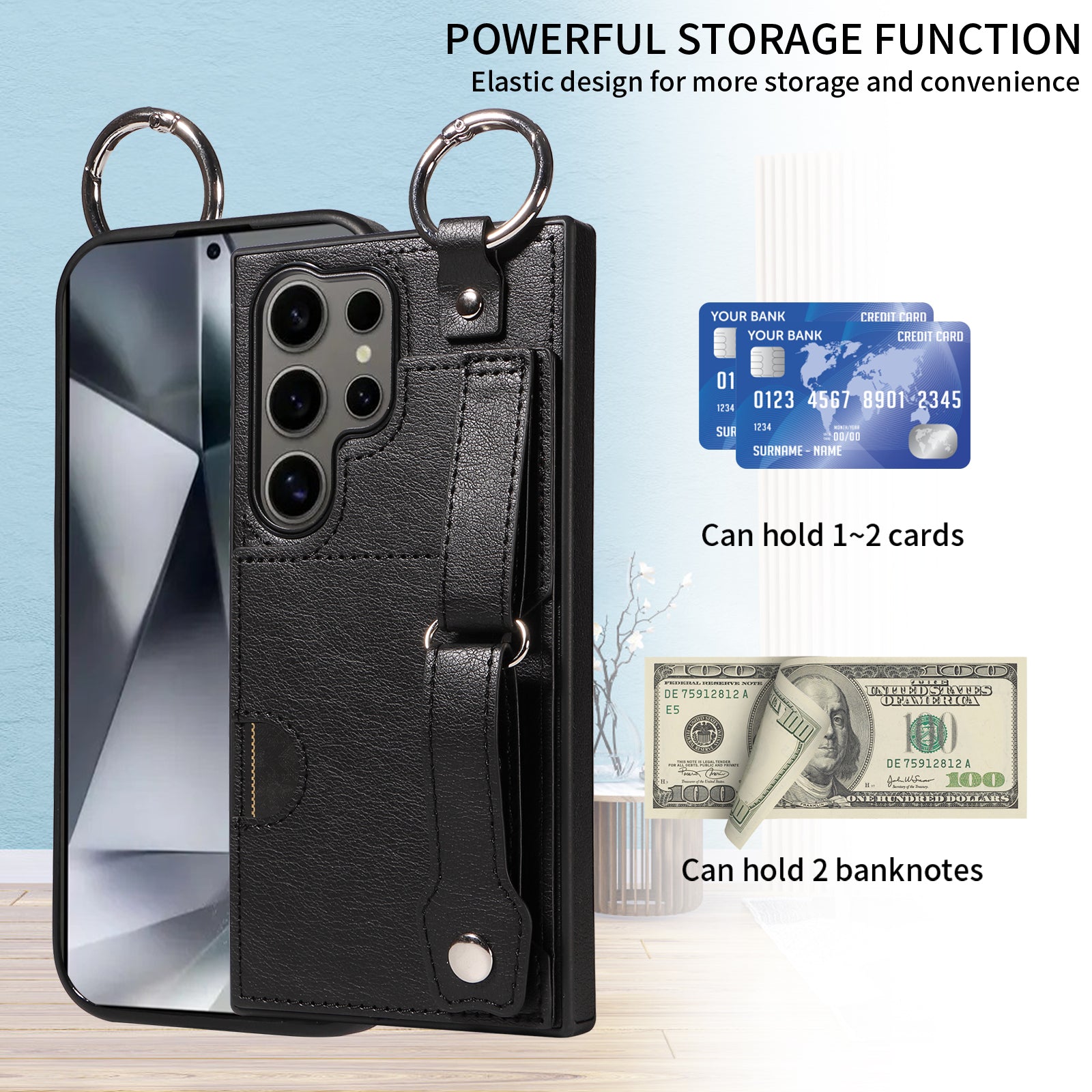 Samsung Galaxy S24 Ultra Hand Strap PU Card Case Black