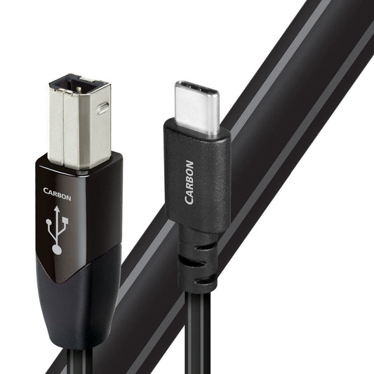 AUDIOQUEST Carbon .75M USB-B to USB-C. 5% silver. Hard-cell foam dielectric. Semi-solid concentric metal. Jacket - grey-black braid. 7-10 Day Lead Time