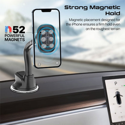 PROMATE 360 Degree Magnetic Universal Car Mount for Smartphones With Anti-Slip Suction Cup Designed for Both Windscreen & Dashboard. Flexible Gooseneck Mount, Metal Ring Included. Black Colour.