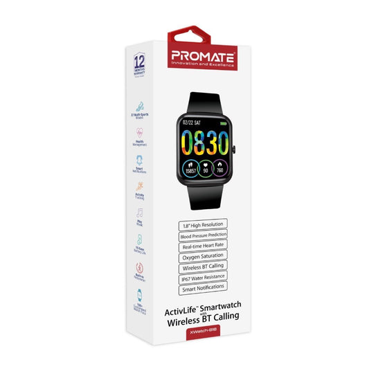 PROMATE IP67 Smart Watch with Fitness Tracker & Bluetooth Calling 1.8" Hi-Res Display. Up to 15 Days Battery Life. Heart Rate/Step/Sleep Tracker. Find Phone. Alarm. Built-in Games. Voice Assist. Black