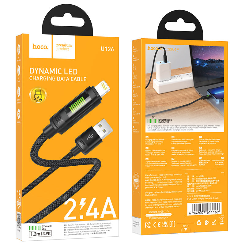 Hoco Nylon Braided Metallic USB Cable w/ Dynamic LED - Lightning (U126)