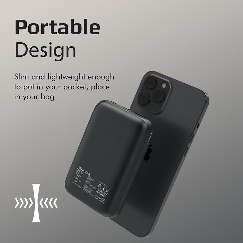 PROMATE 10000mAh Magnetic Qi 15W Wireless Charging Power Bank 1x 20W PD Quick Charge 3.0 Port, 2x USB-C Ports, Ultra-Small Portable Design, Non-Slip Surface. Black Colour.
