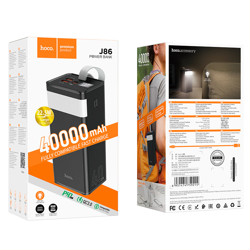 Hoco 22.5W PD+QC Power Bank w/ LED Light (40000mAh) (J86)