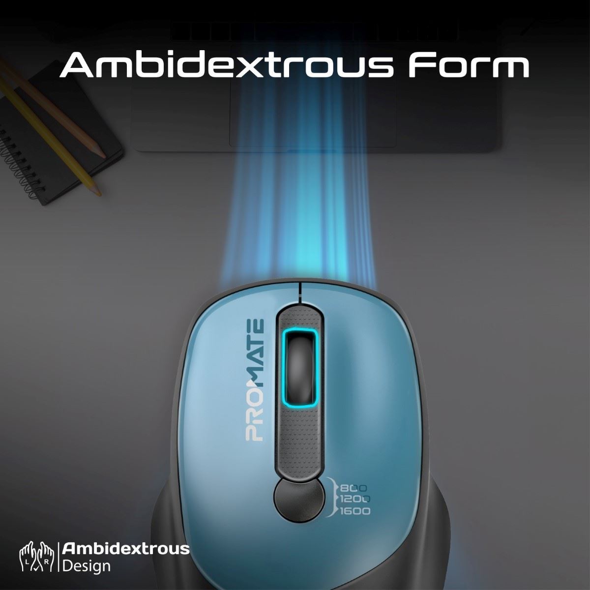 PROMATE EZGrip Ambidextrous Ergonomic Wireless Mouse. 800/1200/1600Dpi, Easy Plug & Play, Up to 6 Millon Keystrokes, Lag-free, Long Life Battery with Low Power Consumption. Blue Colour