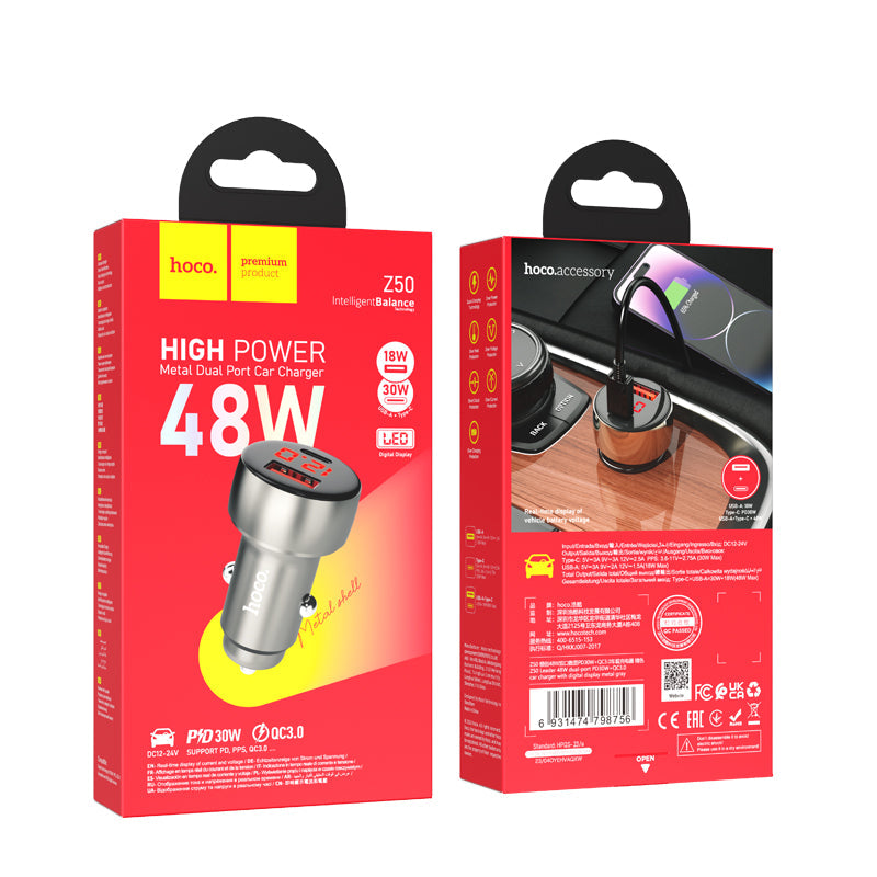 Hoco 48W PD+QC Metallic Super Fast Car Charger w/ LED Display (Z50)