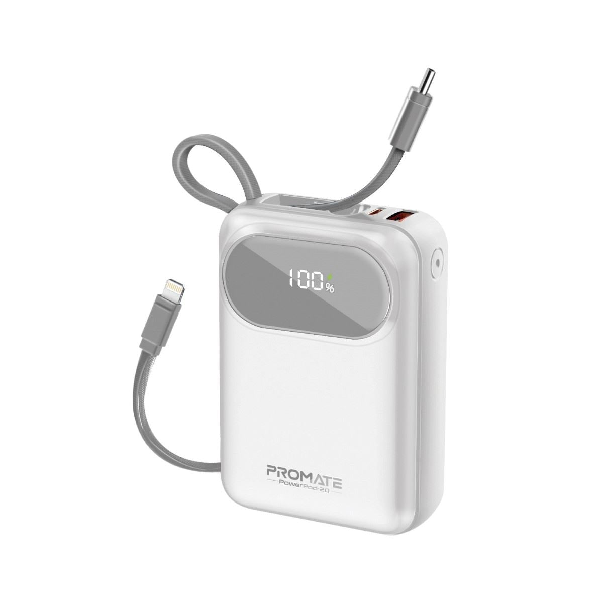 PROMATE 20000mAh Ultra Compact 35W SuperSpeed Power Bank with Built-in USB-C & Lightning Cables. 35W PD, USB-C In/Out. LED Battery Display. Automatic Voltage Regulation. White Colour.
