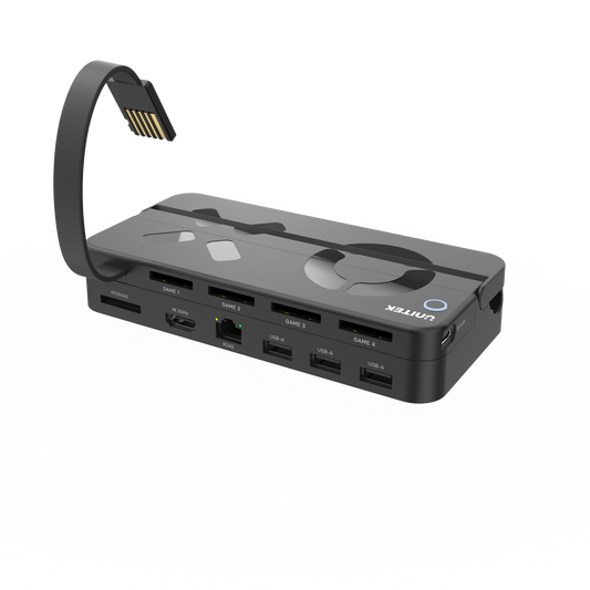 UNITEK Switch Docking Station with 4x Game Card Reader Slots. One-touch Display/Game Switching. Compact & Lightweight. Charge While Playing. Ethernet Port. 3x USB-A Ports. 1x HDMI Out Port.