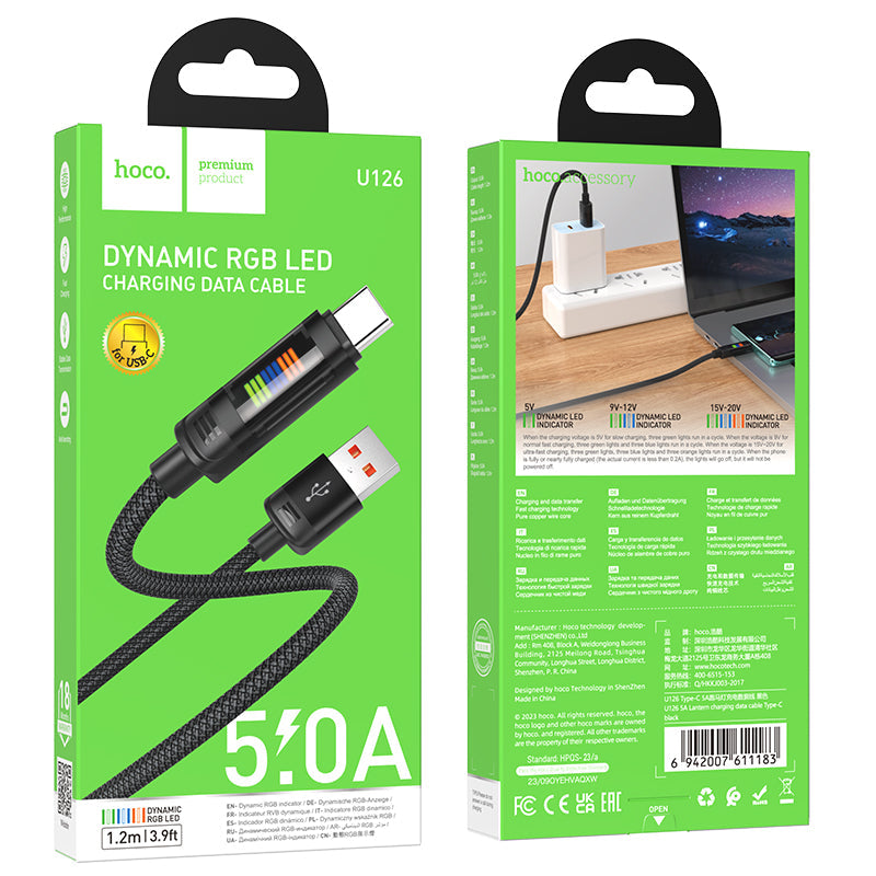 Hoco 5A Nylon Braided Metallic USB Cable w/ Dynamic LED - Type C (U126)