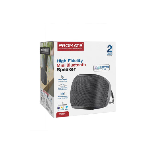 PROMATE 5W Wireless HD Bluetooth Portable Speaker with Built-in Lanyard. Battery Capacity 1200mA, Up to 24 Hours Playback, Supports Handsfree, Charge Time 2-3 Hours, IPX4 Water-Resist. Black Colour