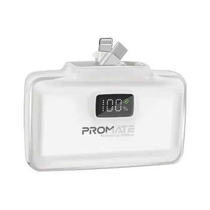 PROMATE 10000mAh Ultra-Compact Fast Charging Power Bank In-Built Dual Folding USB-C & Lightning (POWERUP-10DUO-WT)