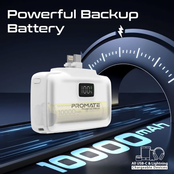 PROMATE 10000mAh Ultra-Compact Fast Charging Power Bank In-Built Dual Folding USB-C & Lightning (POWERUP-10DUO-WT)