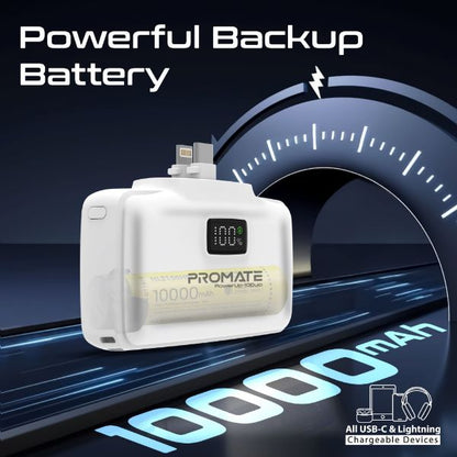 PROMATE 10000mAh Ultra-Compact Fast Charging Power Bank In-Built Dual Folding USB-C & Lightning (POWERUP-10DUO-WT)