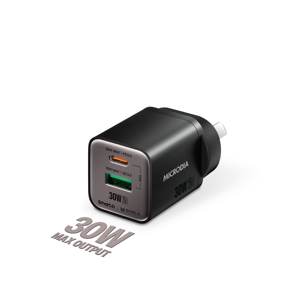 Microdia Smartcube Nano 30W Dual Port Gan Wall Charger - Black