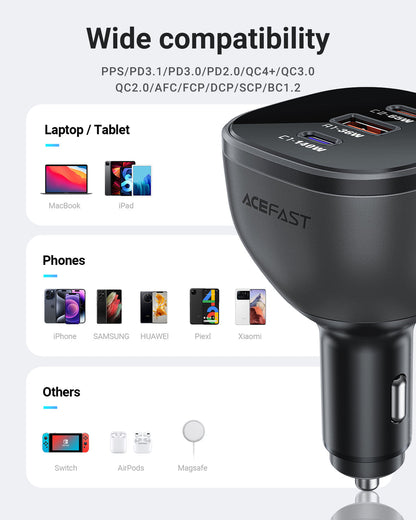 Acefast 165W High Power 3-Port Car Charger w/ 2 x USB-C + USB-A, PD3.1 Microchip (B14)
