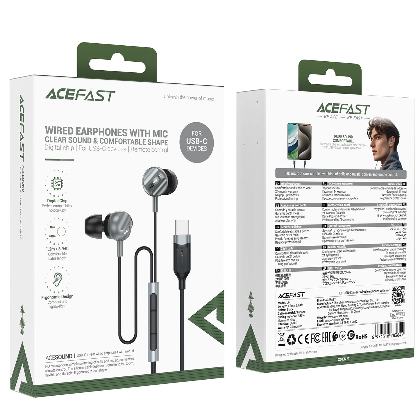 Acefast In-Ear Style USB-C Earphone Universal w/ Digital Microchip, Silicon Wire (L6) Black