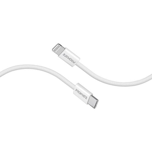 PROMATE 1.2m 27W PD USB-C to Lightning Connector Cable. Fabric Braided Cable, 25000 Bend Lifespan, White Colour
