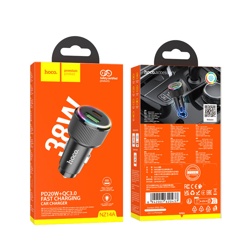 Hoco 38W PD+QC Aluminum Super Fast Car Charger w/ LED Ring Light (NZ14A)