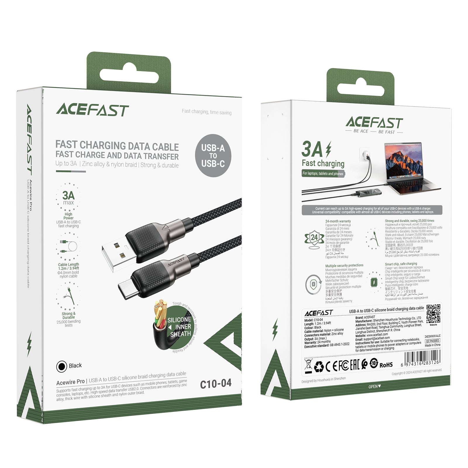 Acefast 3A/60W Super Durable Zinc Alloy Nylon Braided Cable w/ Silicon Inner Sheath (C10)3A USB-A to USB-C [ 3A USB-A to USB-C]