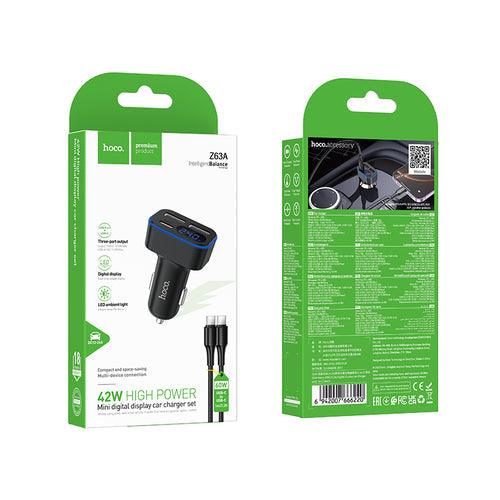 42W PD+QC 3-Ports Car Charger with 2x USB-A, 1x USB-C Outputs, LED Power Display (Z63A CC) Includes 60W C to C Cable