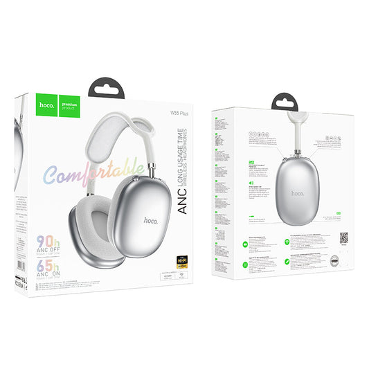 Premium Bluetooth Headset w/ ANC Noise Cancelling, 90 Hours (W55 PLUS) [Silver]