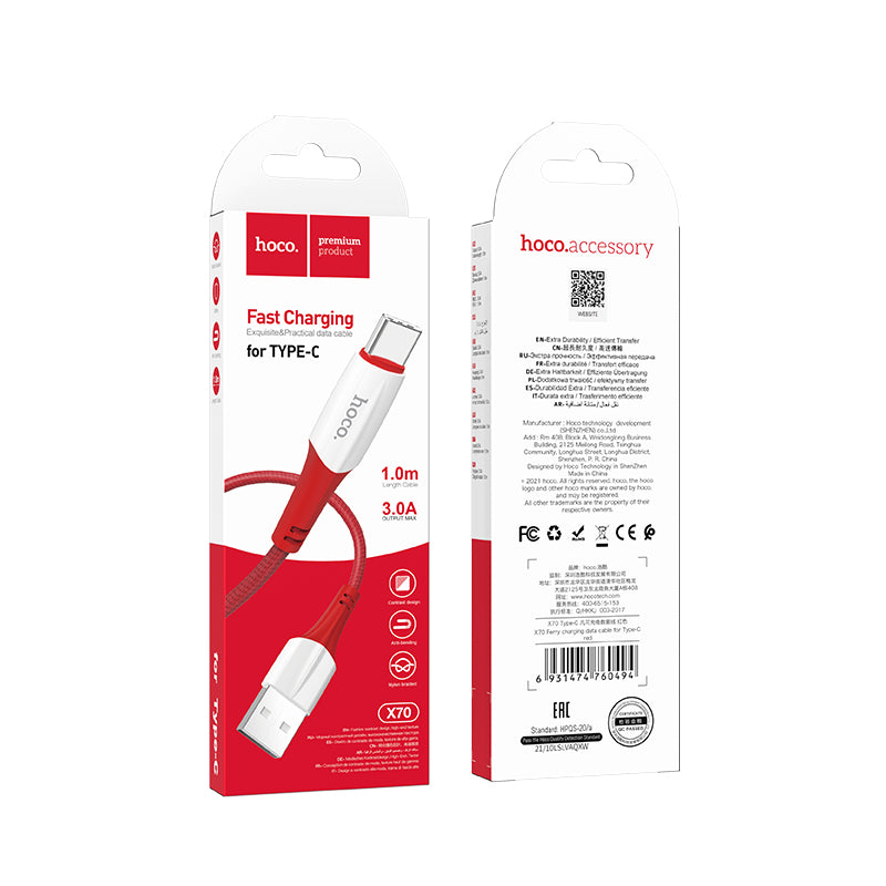 Fast Charging Nylon Braided USB Cable (X70) [Type C - Red]