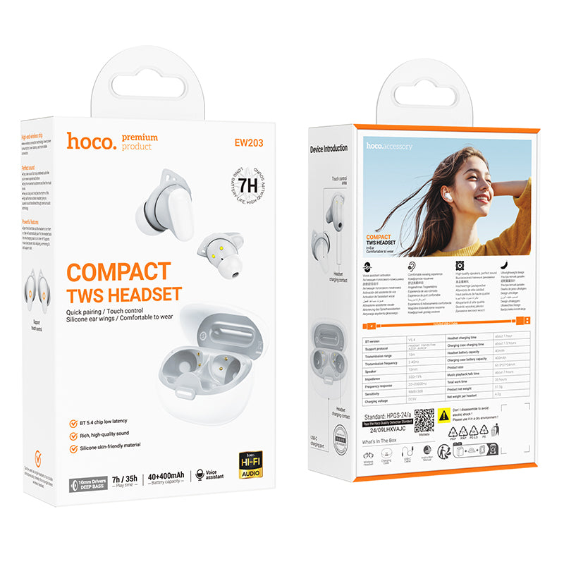 TWS Earbud w/ 7 Hour, Deep Bass, Compact Design, Soft Silicone Ear Wings (EW203) [White]