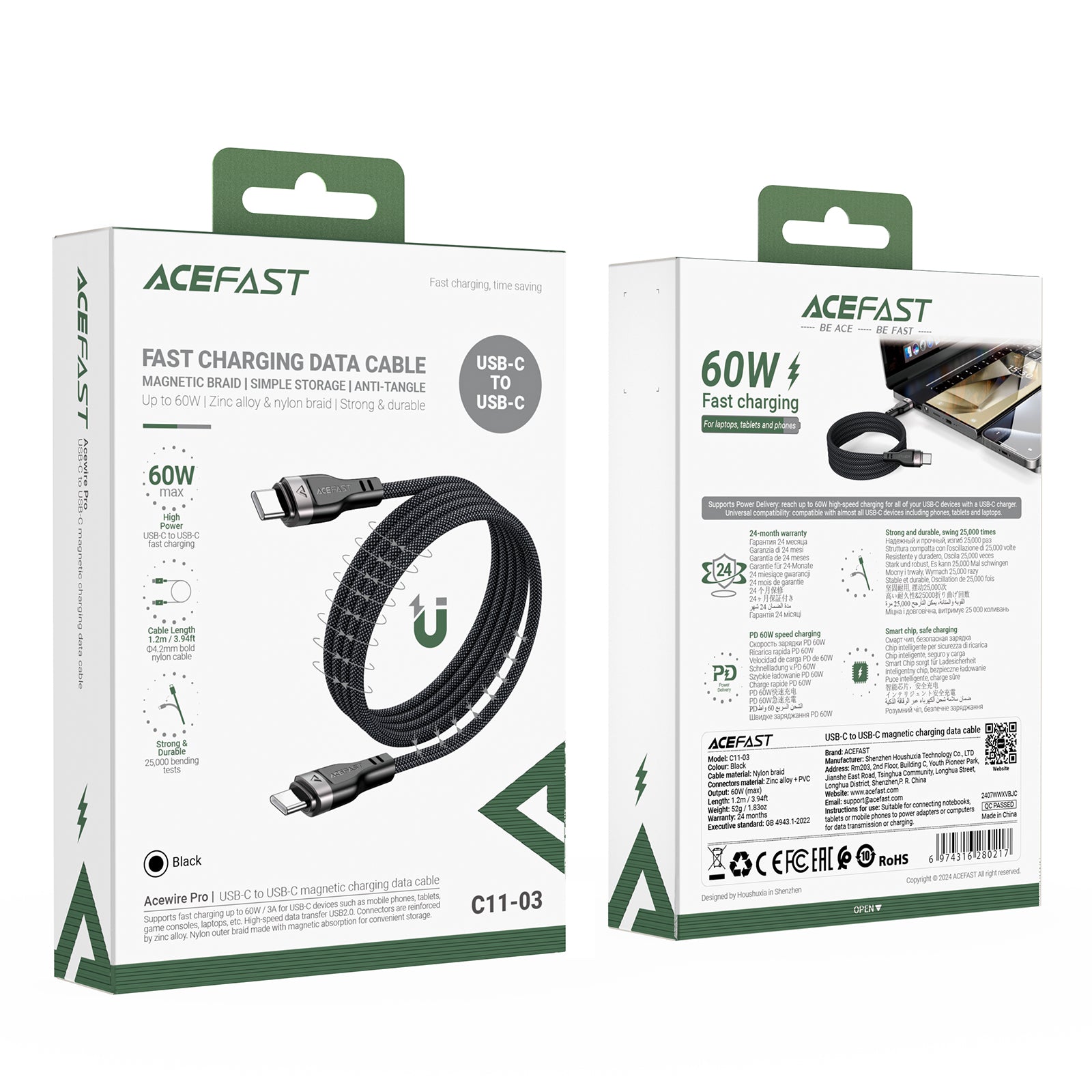 3A/60W Super Durable Zinc Alloy Nylon Braided Cable w/ Magnetic Anti-Tangle (C11) [60W USB-C to USB-C]
