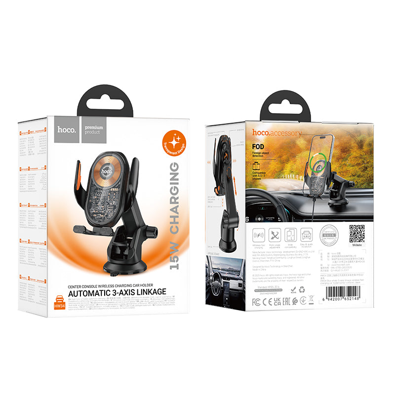 Hoco 15W Wireless Charging Phone Holder for Windshield & Dashboard w/ Transparent Design (HW34)