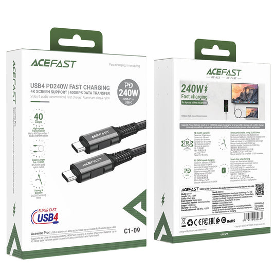 Acefast 240W Super Durable Premium PD USB-C to USB-C Cable w/ 4K HDMI Video & Audio, 40GB PS, USB 4.0 (C1-09)