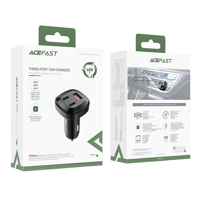Acefast 66W 3-Port Super Fast Car Charger w/ 2 x USB-C + UAB-A, Zinc Alloy Body (B3)