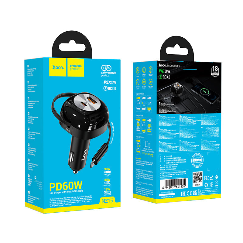 Hoco 60W 3 Outputs PD+QC Super Fast Car Charger w/ Retractable Type C Cable (NZ15)