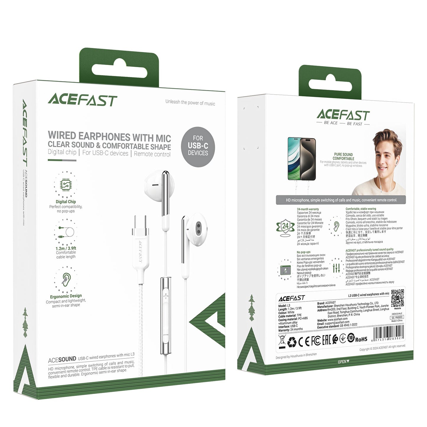 Acefast Digital Ergonomic USB-C Earphone w/ Mic, Universal (L3) White