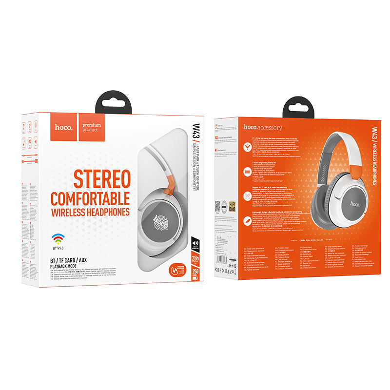 Hoco Stereo Comfortable Bluetooth Headset w/ 25 Hours, MicroSD & Aux Input Modes (W43) [ Grey]