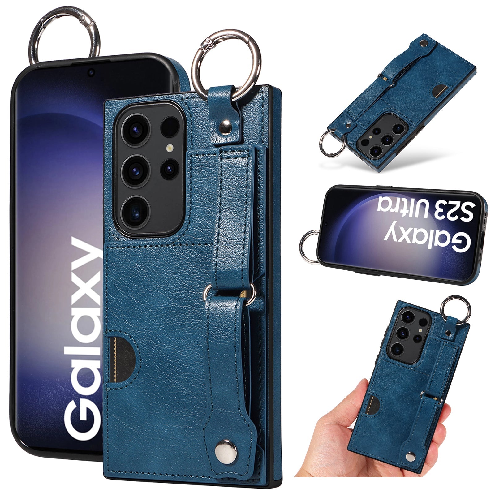 Samsung Galaxy S23 Ultra Hand Strap PU Card Case Navy