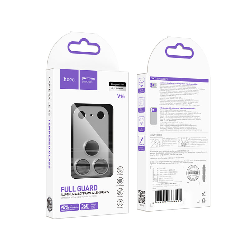 Hoco Premium Full Guard Camera Lens Protector w/ Aluminium Camera Housing Frame (V16) - [ iPhone 17 Pro Max - Silver ]