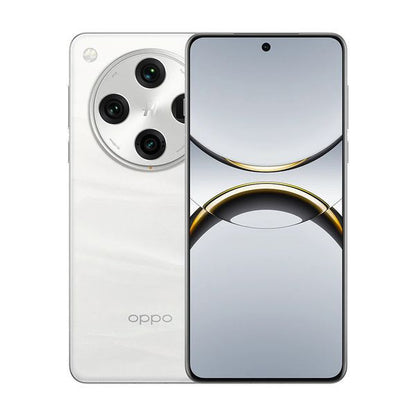 Oppo smartphone featuring a sleek white design and a circular camera module with four lenses on the rear.