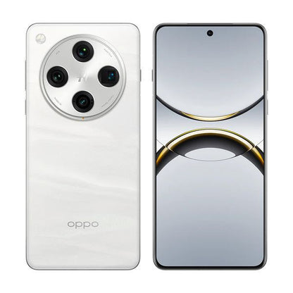 Oppo smartphone featuring a sleek white design, four rear cameras, and an edge-to-edge display.