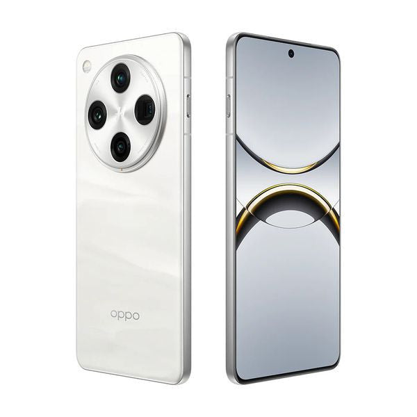 Oppo smartphone in sleek white with a stylish design, featuring a quad-camera setup on the back and a vibrant display.